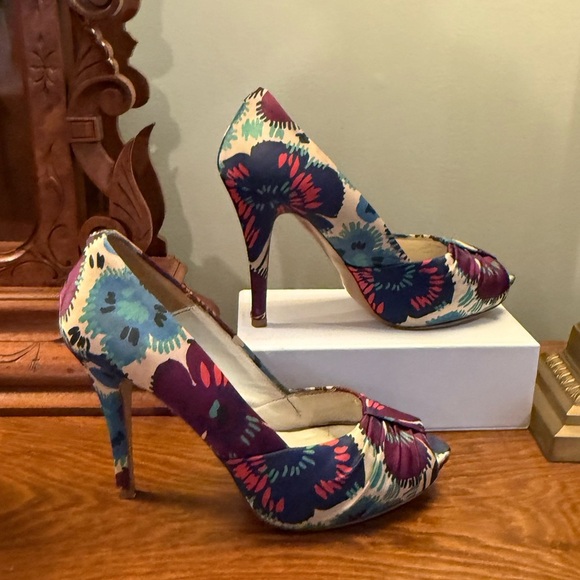 Vintage Y2K Zara Woman Collection Multicolor Peep Toe Floral 4” Heels Size 38/8 - Picture 7 of 12